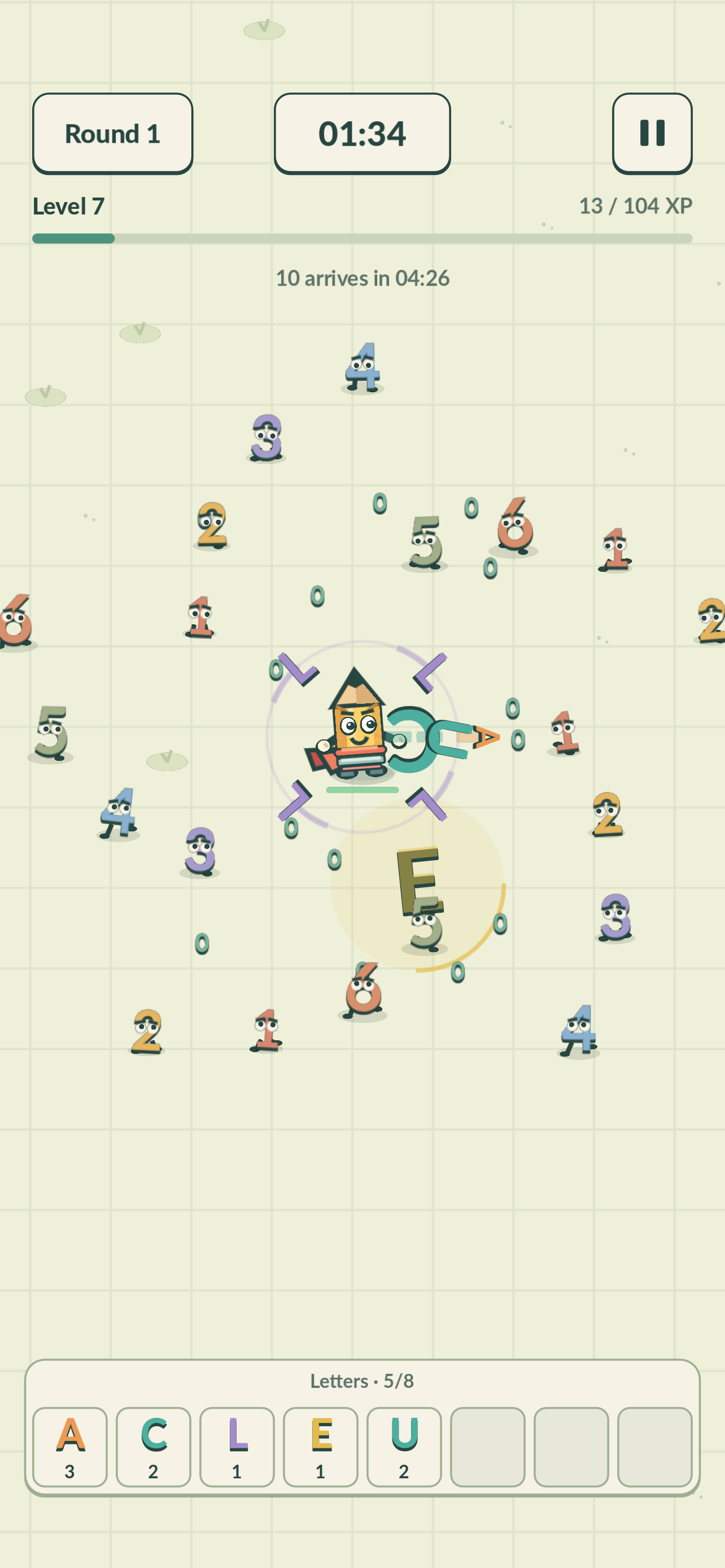 HARFLER gameplay screenshot with letter abilities and number enemies